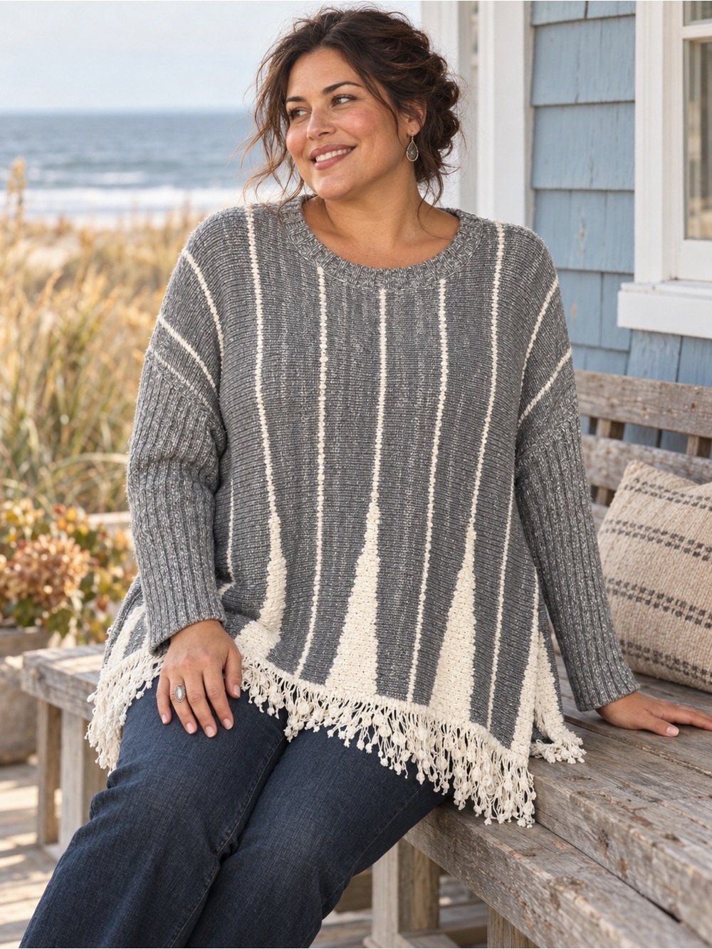 Style & Co Gray Ivory Textured Stripe Fringe Hem Boho Sweater